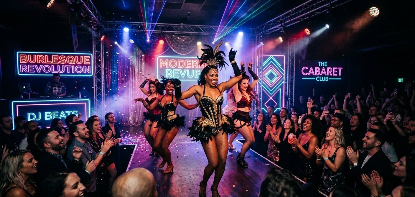Cabaret revue dancers performing on a lit runway stage before a cheering crowd