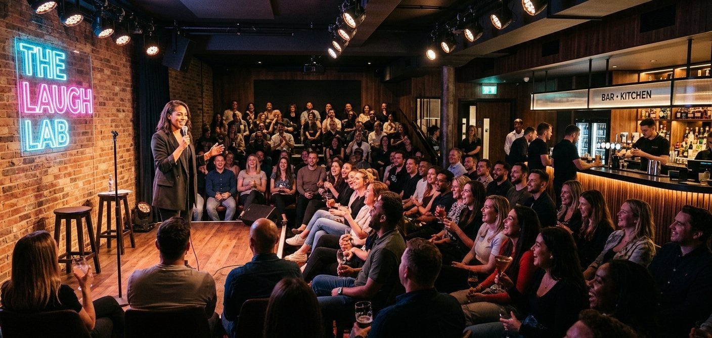 Comedy club with a comedian on stage, a full audience and a bar and kitchen