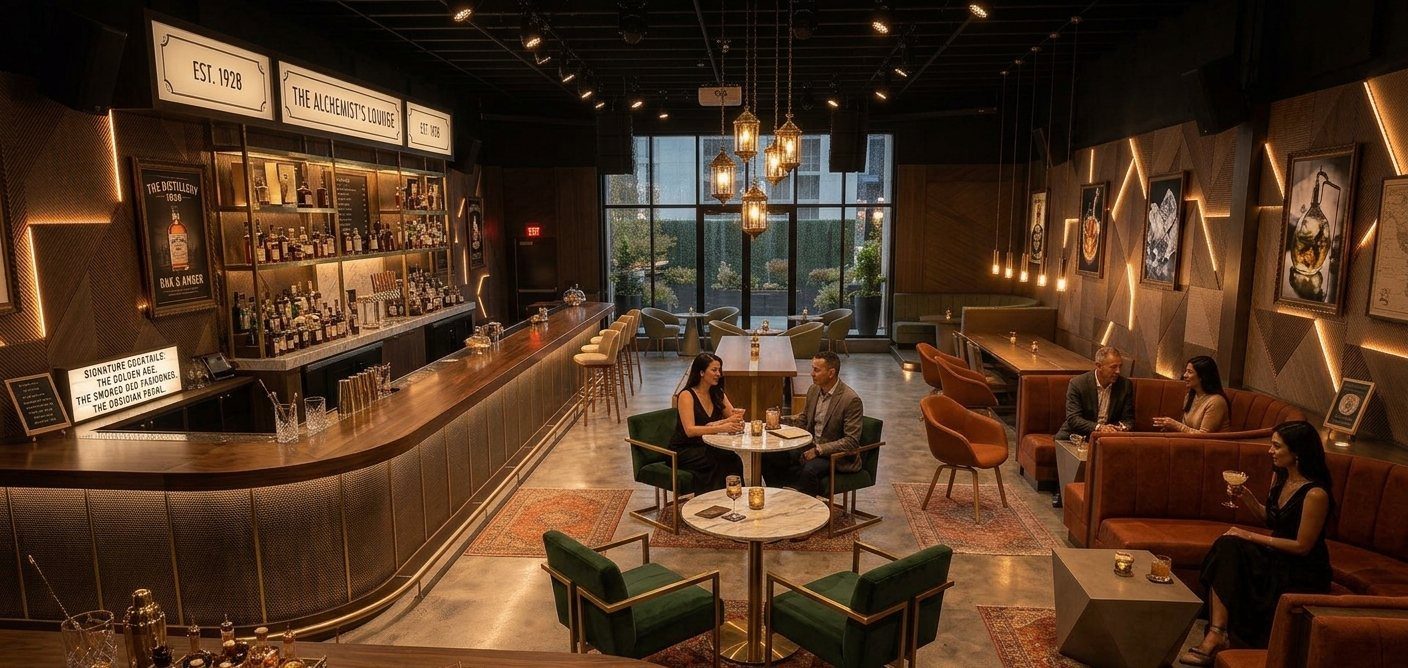 Modern craft cocktail lounge with a curved walnut bar, brass pendant lights and velvet seating