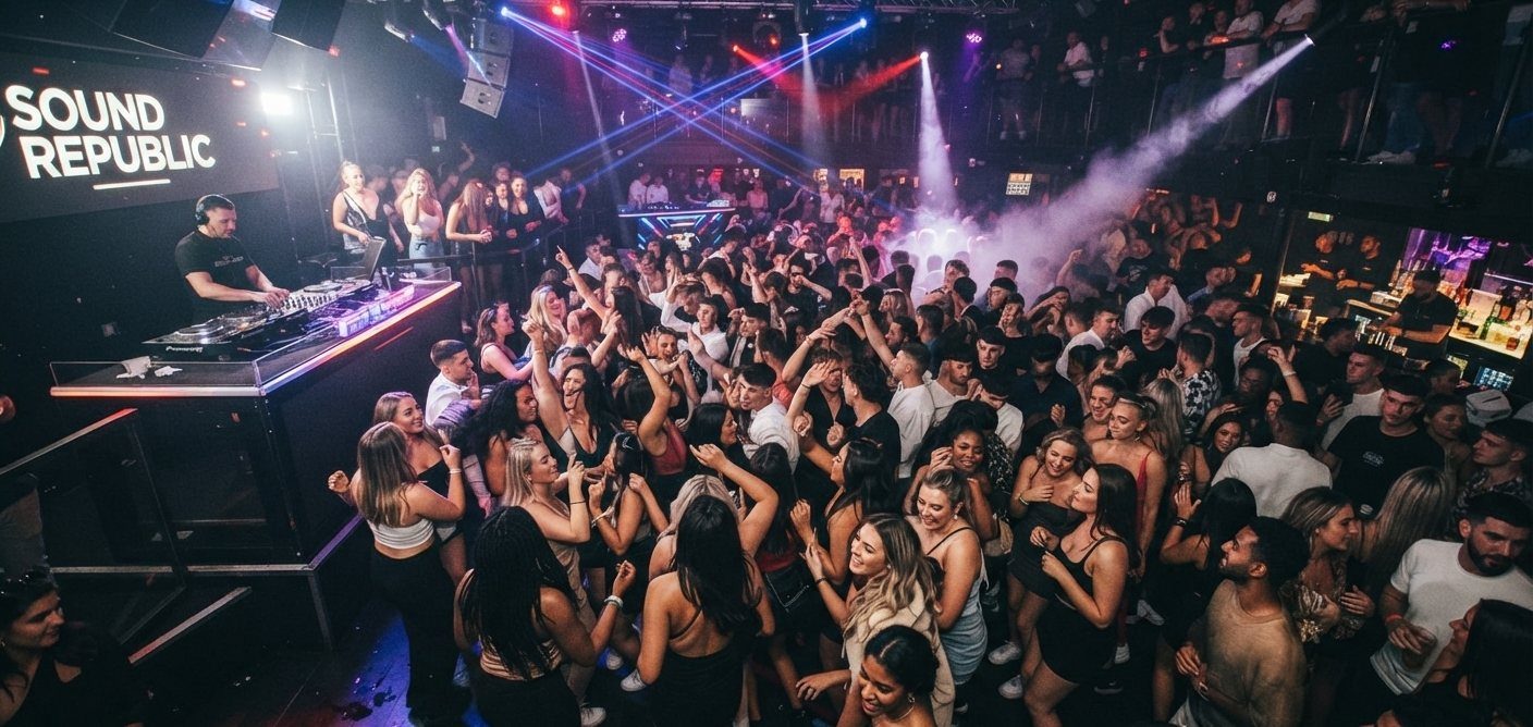 Packed nightclub dance floor under crossing light beams with a DJ booth