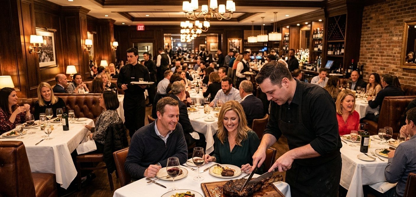 Busy upscale steakhouse dining room with leather banquettes and a server carving a steak tableside